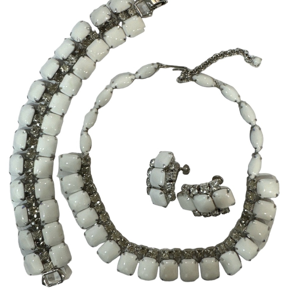 Vtg Milk Glass Necklace Bracelet Earrings Rhinestone Continental Parure …
